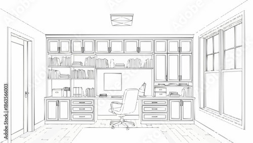 Interior design sketch of a modern home office with built-in shelving.