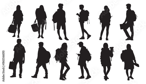 People Crowd Silhouette Collection Set, Black Human Figure Illustration, Group Standing Person Graphic, Social Community Icon Elements, Business People Clipart Bundle, Urban City Background Design, Pu