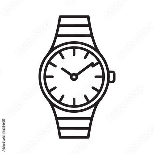 Simple black and white line drawing depicting a classic wristwatch with a circular face