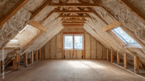 Interior attic space shows wooden framing, insulation covering the walls and roof, with a central window and two skylights