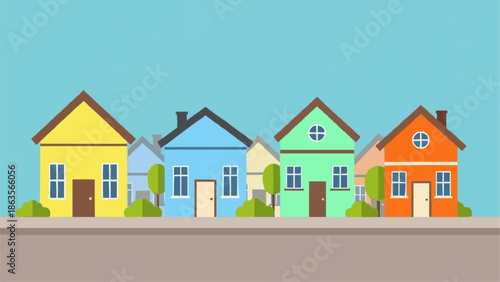 Colorful row of cartoon houses on a street.