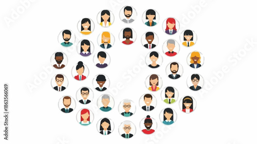 Diverse group of people represented by avatars in a circular pattern.