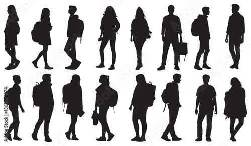 People Crowd Silhouette Collection Set, Black Human Figure Illustration, Group Standing Person Graphic, Social Community Icon Elements, Business People Clipart Bundle, Urban City Background Design, Pu