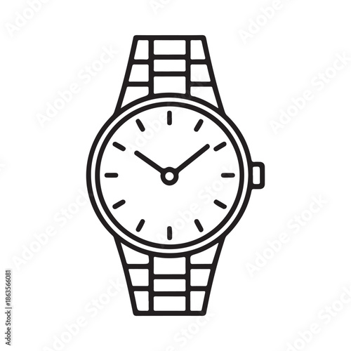 Simple line art illustration of a classic wristwatch with a metal strap and face