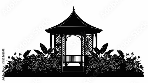 Silhouette of a gazebo surrounded by lush garden plants and flowers.