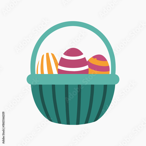 Easter eggs in a green basket colorful vector illustration isolated on white background.