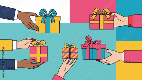 Hands holding gift boxes with ribbons and bows.