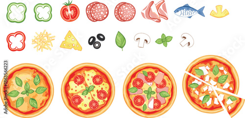 Pizza ingredients and varieties vector set featuring sliced pizza toppings cheese vegetables meat and Italian food illustrations