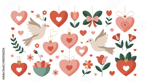 Love's Embellishments:  A collection of delicate illustrations of hearts, doves, and floral accents, perfect for adding a touch of romance to any design.