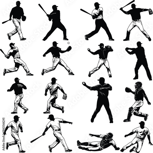 Baseball Player Silhouette Set – Dynamic Black and White Action Poses of Batter, Pitcher, Catcher and Fielder Vector Illustration