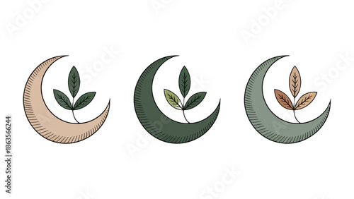 Moon and Plant Collection: A harmonious ensemble of crescent moons, each cradling a delicate plant, forming a trio of minimalist emblems, representing growth and the beauty of nature.