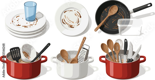Dirty dishes and kitchen cookware vector set featuring used plates pans pots and cooking utensils after meal
