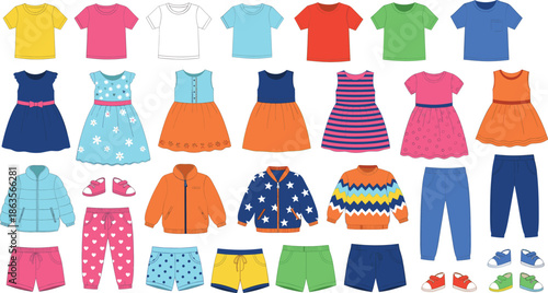 Kids clothing vector set featuring shirts dresses jackets pants shorts shoes and colorful children fashion outfits