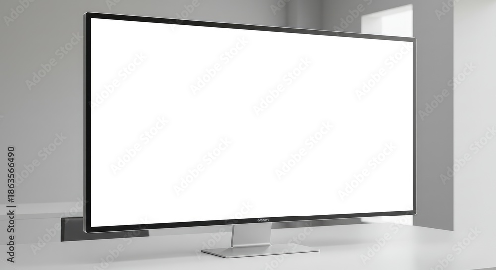 Fototapeta premium Modern computer monitor on a white desk in a minimalist room