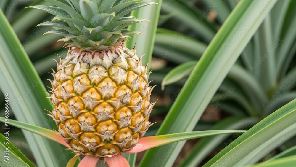 Fototapeta premium A pineapple fruit with yellow and brown scalelike structures sits on a green plant with long pointed leaves