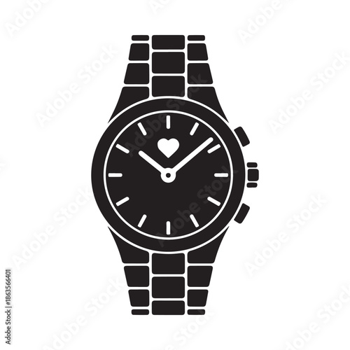 Simple black and white illustration of a wristwatch with a heart shaped detail on the face