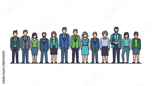 A diverse group of cartoon people of varying heights and genders standing in a line, dressed in professional attire.