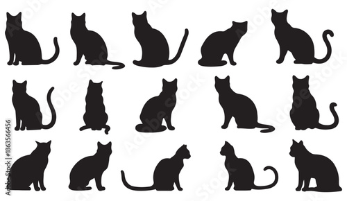 cat silhouettes illustration, pet animal poses, feline character artwork, domestic cat icons, playful cat design, black cat collection, animal silhouette set, cute pet illustration, cat behavior artwo