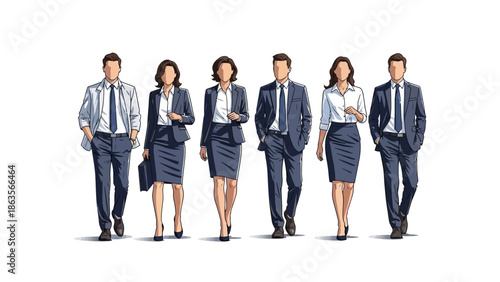 A diverse group of six professionals, three men and three women, dressed in formal business attire, walking forward together.