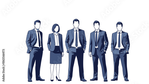 A group of five professionals in matching dark blue suits and ties stand confidently against a white background.