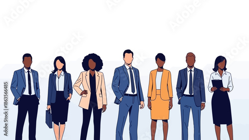 A diverse group of seven professionals standing together, showcasing a variety of business attire and ethnicities.