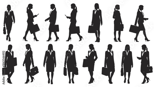 Collection of Silhouettes of Businesswomen in Various Poses Holding Briefcases.