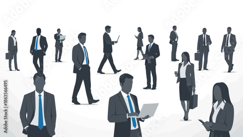 A diverse group of business professionals in suits, some holding laptops and tablets, gathered in a modern office setting.