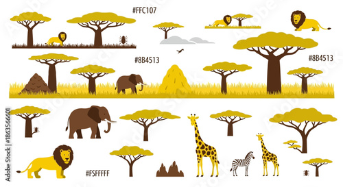 African Savannah Wildlife Illustrations Set with lions giraffes elephants trees