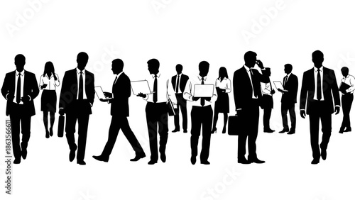 A diverse group of business professionals in silhouette, some carrying laptops and briefcases, walking and standing.