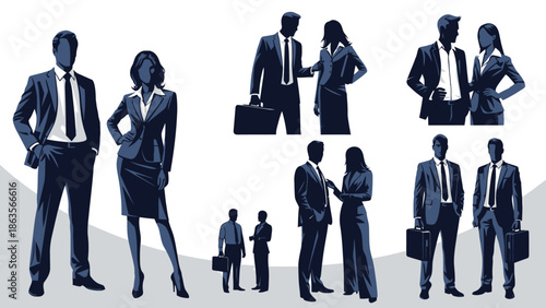 Collection of Silhouettes of Business Professionals in Various Poses and Attire.