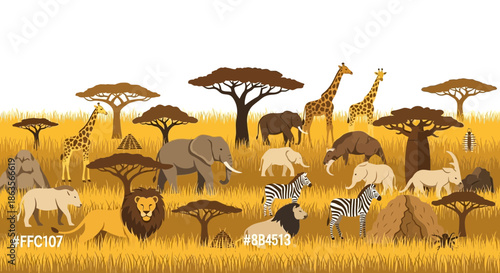 African safari landscape featuring various animals such as lions and giraffes in the savannah