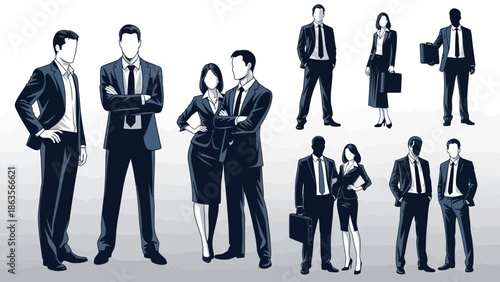 A collection of stylized illustrations of business professionals in formal attire, showcasing diverse poses and pairings.