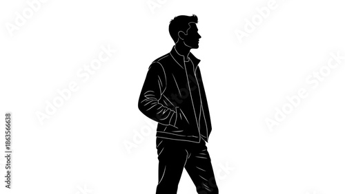 Silhouette of a man in a jacket with his hands in his pockets, looking to the side.