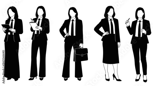 Five Silhouettes of Businesswomen in Suits Holding Briefcases and Tablets.