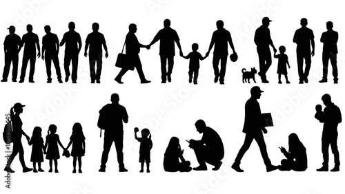 Collection of diverse silhouettes of people and families engaged in various activities, including walking, holding hands, and carrying items.