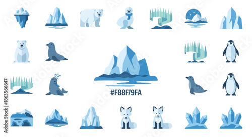Arctic Icons Collection: A Flat Design Vector Illustration of Polar Wildlife and Landscapes