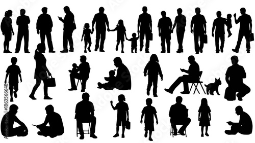 A collection of black silhouettes of people of various ages and genders in different poses and activities.