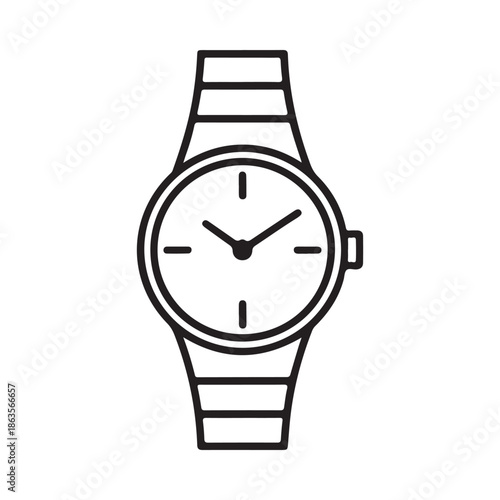Simple black and white line drawing of a classic wristwatch with a leather strap
