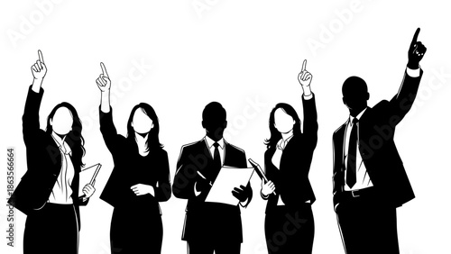A group of business professionals raising their hands and pointing upwards, symbolizing ideas, questions, or agreement.