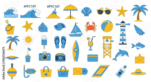 Beach and summer vacation elements, featuring diverse beach related cartoon illustrations