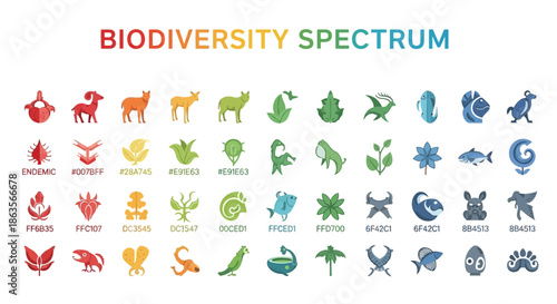 Biodiversity spectrum illustration showcasing diverse flora and fauna representation