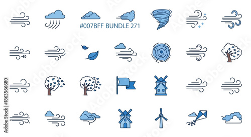 Blue line Weather elements icon set, including wind, tornado, tree in wind and wind turbines