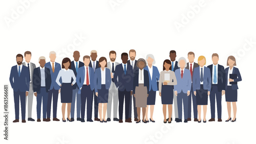 A diverse group of business professionals standing together in a studio setting.