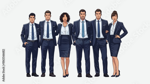 A diverse group of six professionals in matching navy blue suits and ties stand confidently together.