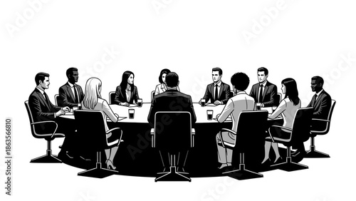 A diverse group of professionals in business attire are seated around a large oval conference table, engaged in a meeting.