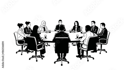 A diverse group of professionals gathered around a conference table for a business meeting.