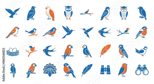 Fotografie Collection of blue and orange bird vector icons representing diverse avian speci