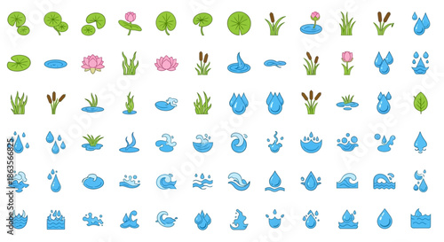 Collection of cartoon water and vegetation icons representing aquatic ecosystems and nature