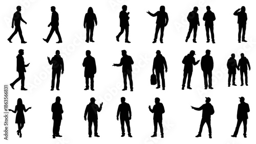 A collection of black silhouette figures of people in various poses, standing and walking, against a white background.