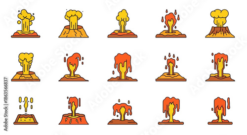 Collection of Colorful Cartoon Volcano Eruptions Displaying Various Stages and Styles, Ideal for